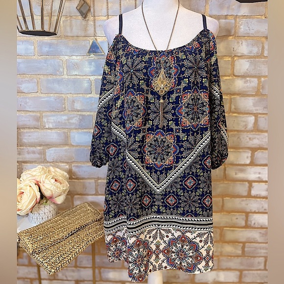 Bailey Blue Boho Print Cold Shoulder Sheath Dress, Women’s Size Small. - Picture 6 of 15
